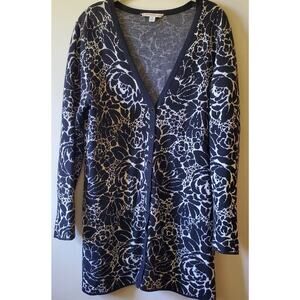 Isaac Mizrahi Live Women's S Black & White Floral Rose Button Front Cardigan
